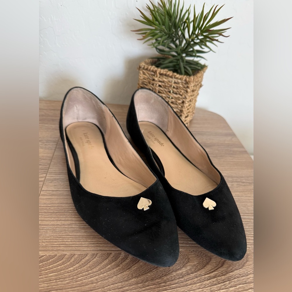 8.5 Kate Spade Nylah Black Gold Suede Pointy Toe Flats Womens Classic Shoes
